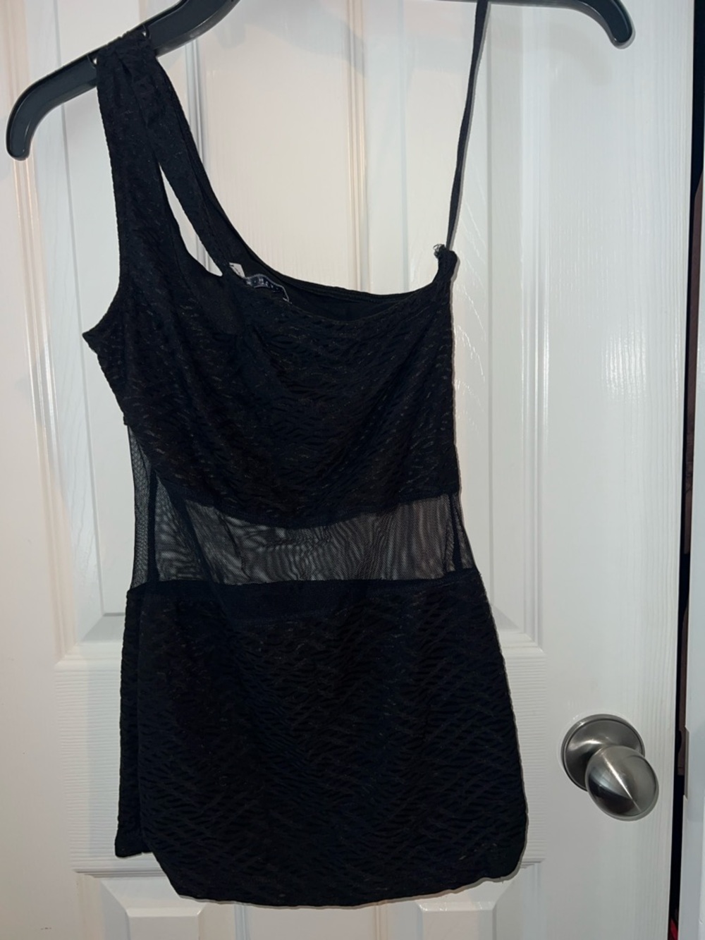 Black One-Shoulder Mesh Insert Mini Dress - Picture 2 of 5